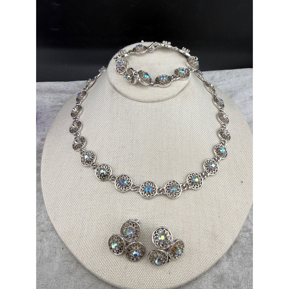 Vintage Coro Necklace Bracelet Clip On Earrings Set Blue AB 16" 7"‎